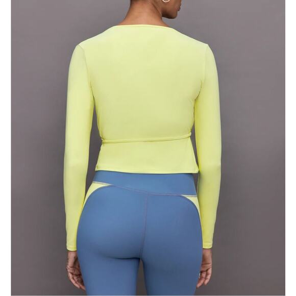 Carbon38 Long Sleeve Tie Top in Melt Medium Green Yellow Neon Ballet Wrap Shirt - Picture 2 of 10